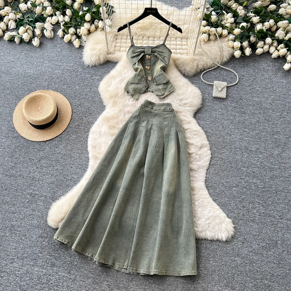 

Vintage Women Denim Suits 2026 Summer Temperament Button Sleeveless Camisole Tops High Waist Skirts Fashion Casual Lady 2Pcs Set