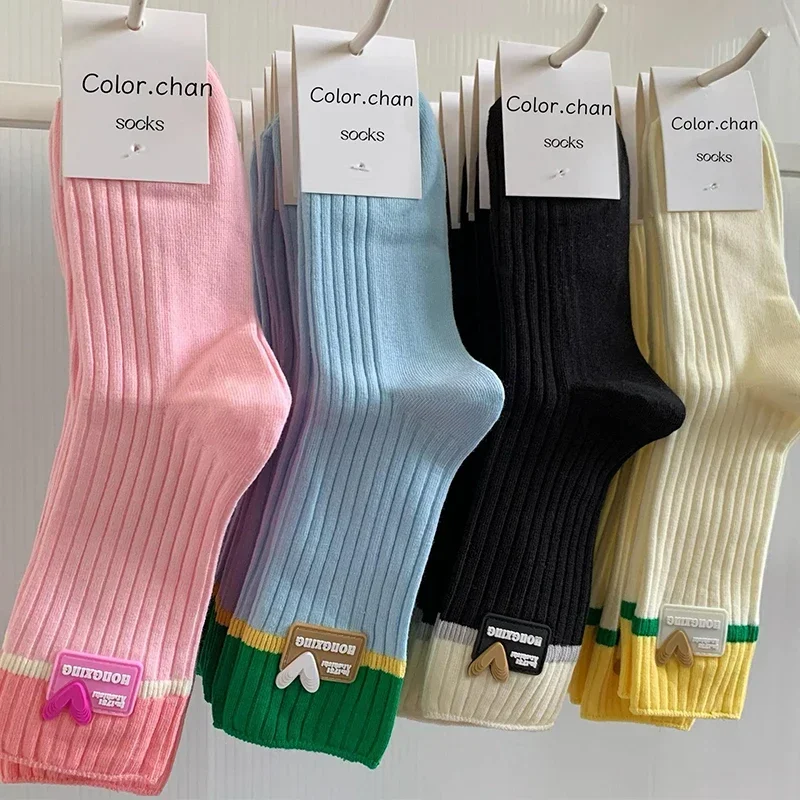 

Милые носки Y2K в форме сердца для женщин, японские хлопковые чулки средней длины для девочек, розовые, синие, двухцветные милые повседневные носки, весна, лето, осень