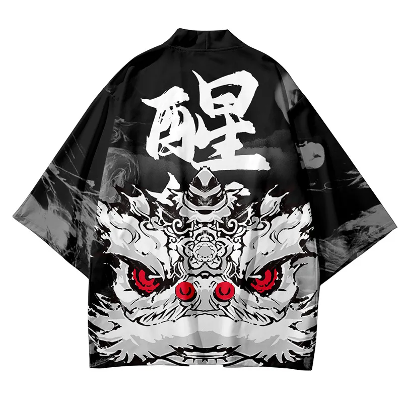 Anime Chinese Lion Dance Printed Kimono Streetwear Men Women Japanese Cardigan Haori