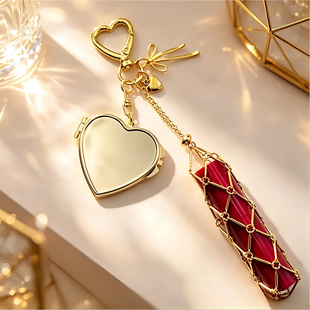 

Fashionable Bag Accessories Keychain Popular Metal Pendant Key Portable Lipstick Storage Mirror Box Keyring Mesh Bag Woman Gift