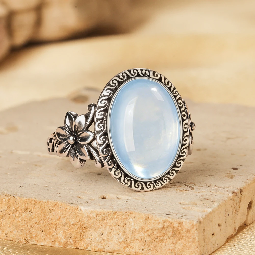 Ring aus 925er Sterlingsilber mit natürlichem Aquamarin, ovale Form, 10 x 14 mm, großer Stein und Blume, Vintage-Retro-Silberschmuck für Damen – Detail 4