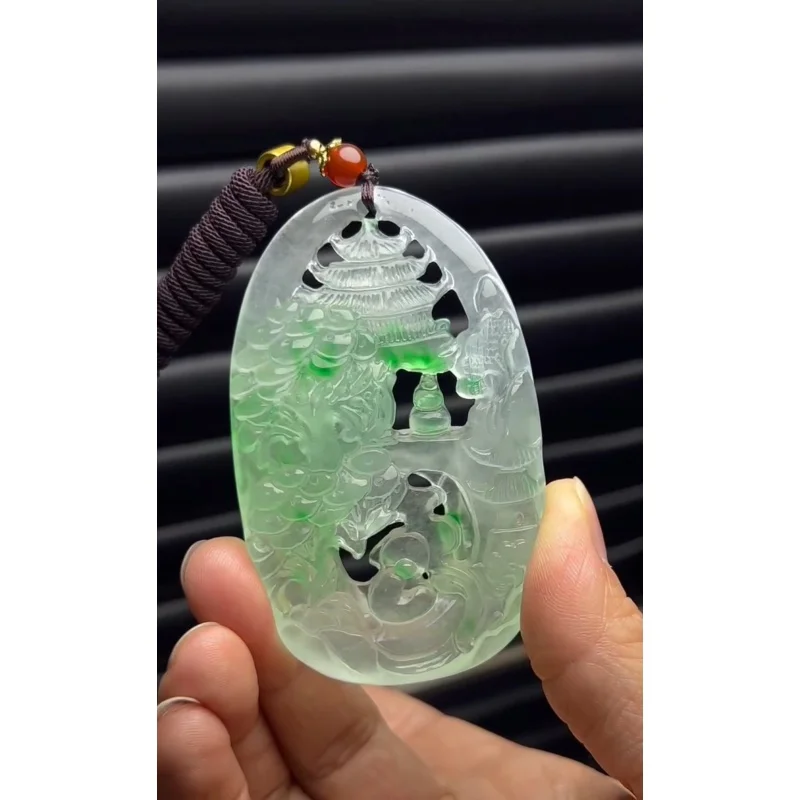 Certified Natural Ice Jade Jadeite Hollow out amulet Pendant&NecklacesDouble-Sided Hollow Landscape