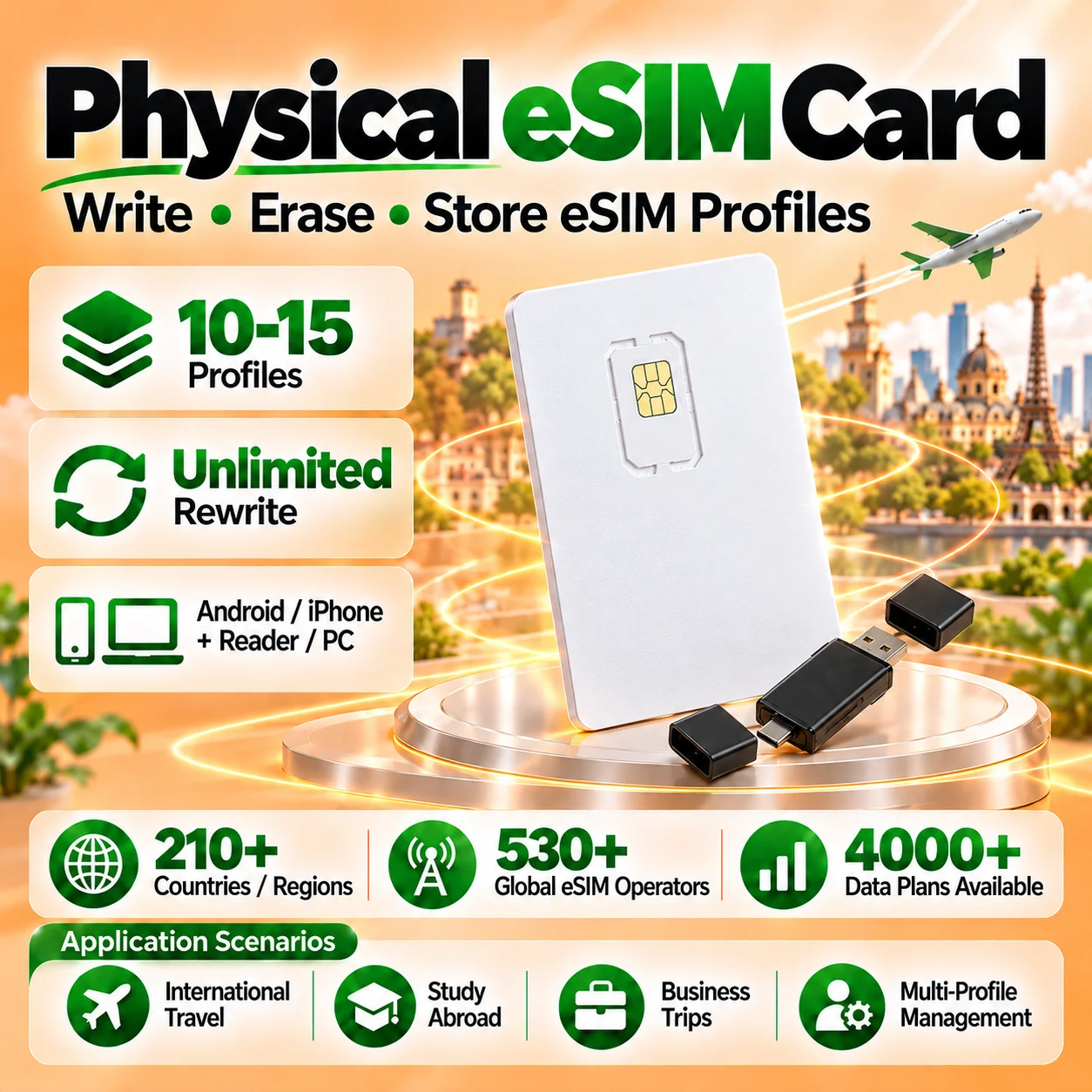 ESIM Physical Card 10-15 Profiles Open Source eUICC Adapter Unlimited Erase Rewrite Android Phone PC Reader Multi Profile Storag