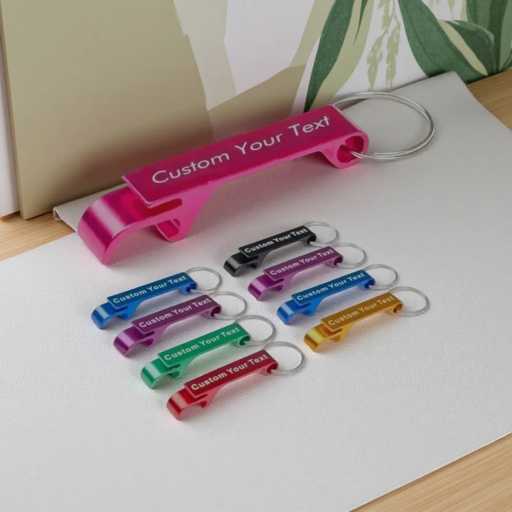 Opener Bier Sleutelhanger Sleutelhanger Aangepaste Naam LOGO Fles Multifunctionele Laser Carving Sleutelhanger Keten Bar AD Multi Kleur 5PCS Gift
