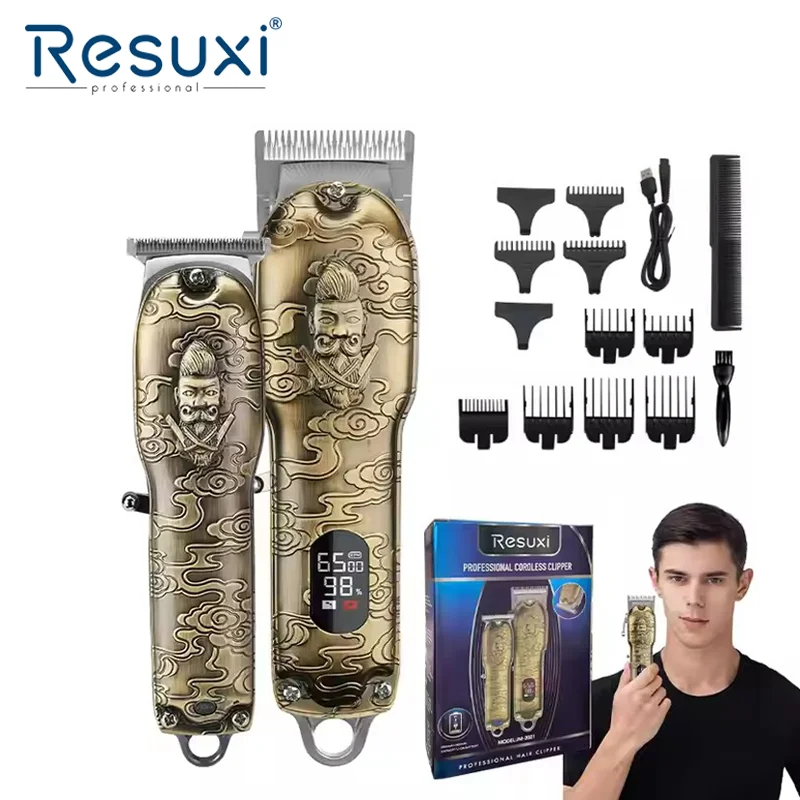 

Resuxi JM-2021 Профессиональная машинка для стрижки волос, цельнометаллическая парикмахерская, ЖК-дисплей, мужской беспроводной набор для ухода за волосами, электрическая машинка для стрижки, набор триммеров