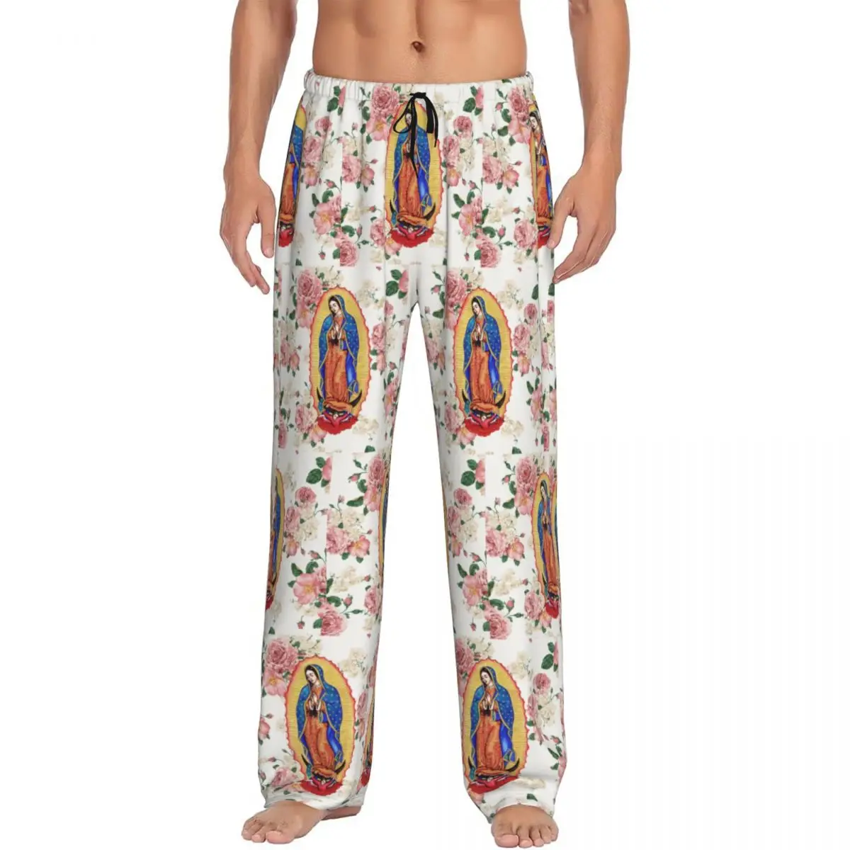 Custom Virgin Of Guadalupe Pajama Pants Men Mexico Catholic Virgin Mary Sleepwear Lounge Sleep Bottoms Stretch with Pockets