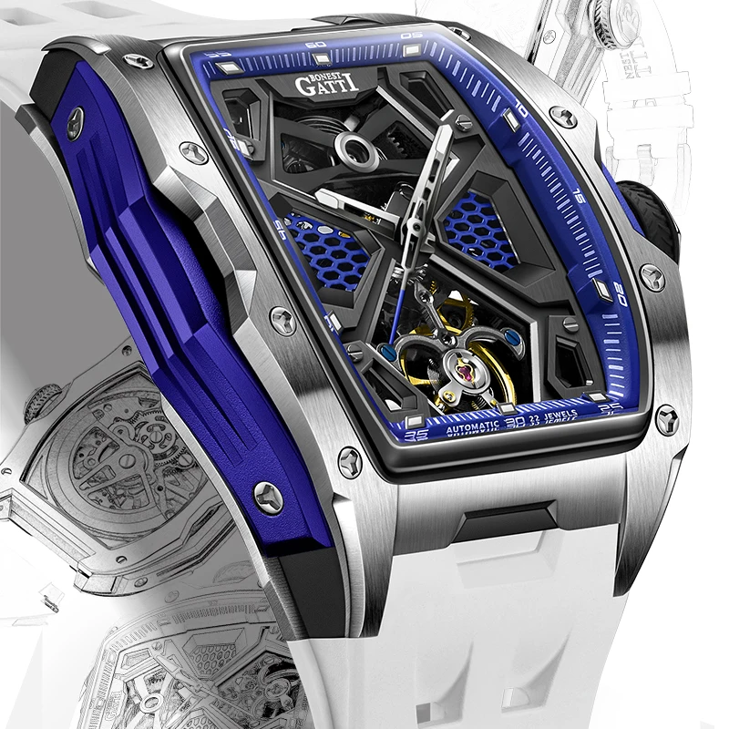 BONEST GATTI ساعة رجالية فاخرة العلامة التجارية العصرية التلقائي الميكانيكية ساعة اليد تونيو مقاوم للماء الياقوت مضيئة حزام فيتون