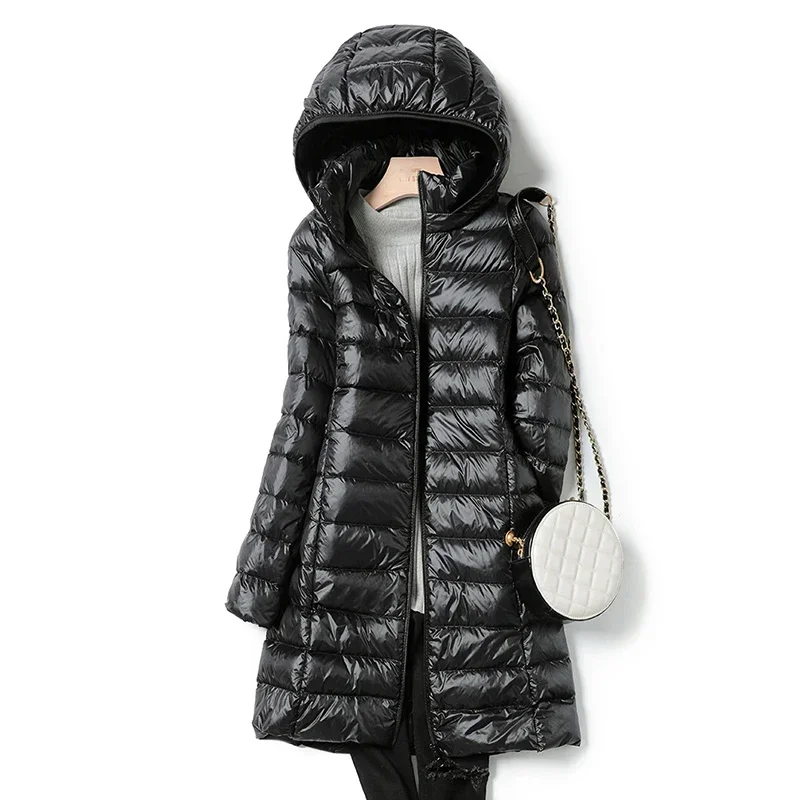 2024 Women Spring Jacket Ultralight Thin Packable Down Long Jacket Female Hat Detachable Slim Fit Skirt Coat Portable Outwear