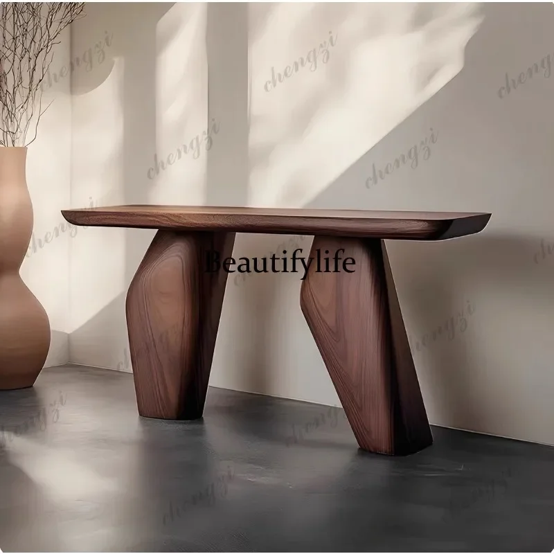 03 Wabi Sansan Ash Wood Entrance Wall Long Table Hotel Living Room Entrance Corridor End View Desk Simple