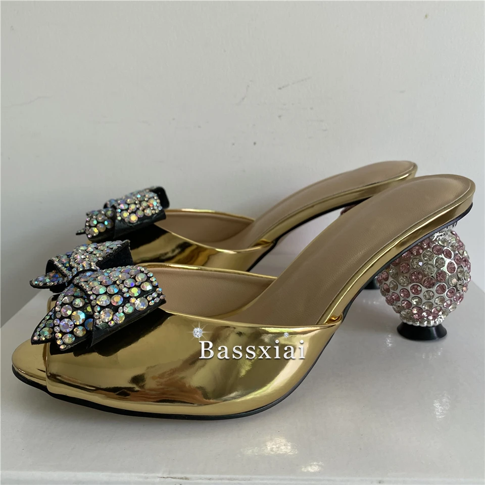 Diamond Rhinestone Spherical Heel Mules For Girls Luxury Patent Leather Slingbacks Jeweled Crystal Flower Sandals Women Summer