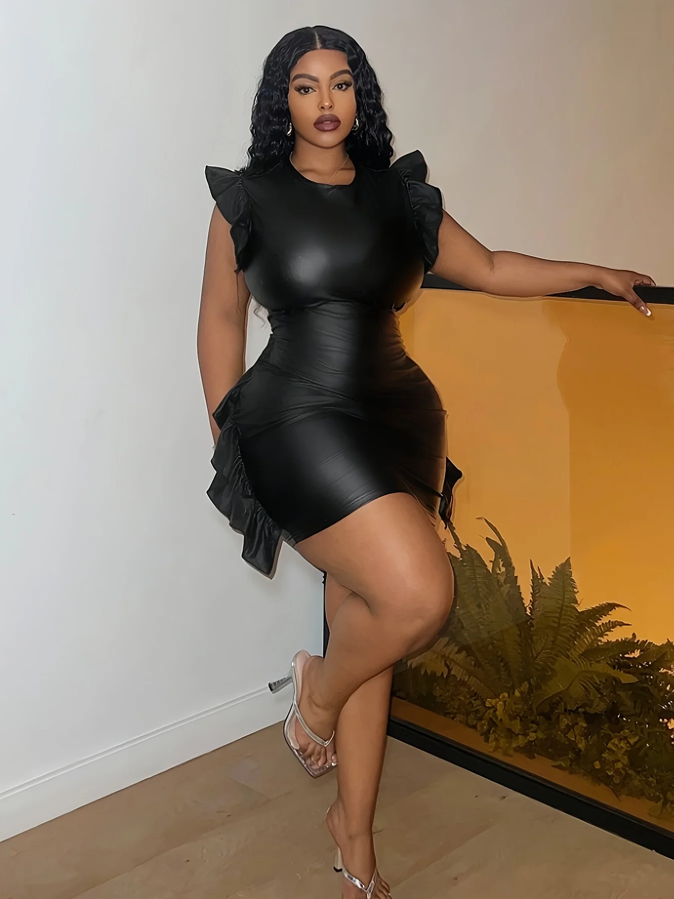 plus size bodycon dress, faux leather mini dress, ruffle trim party dress, sleeveless club dress, curvy women evening dress