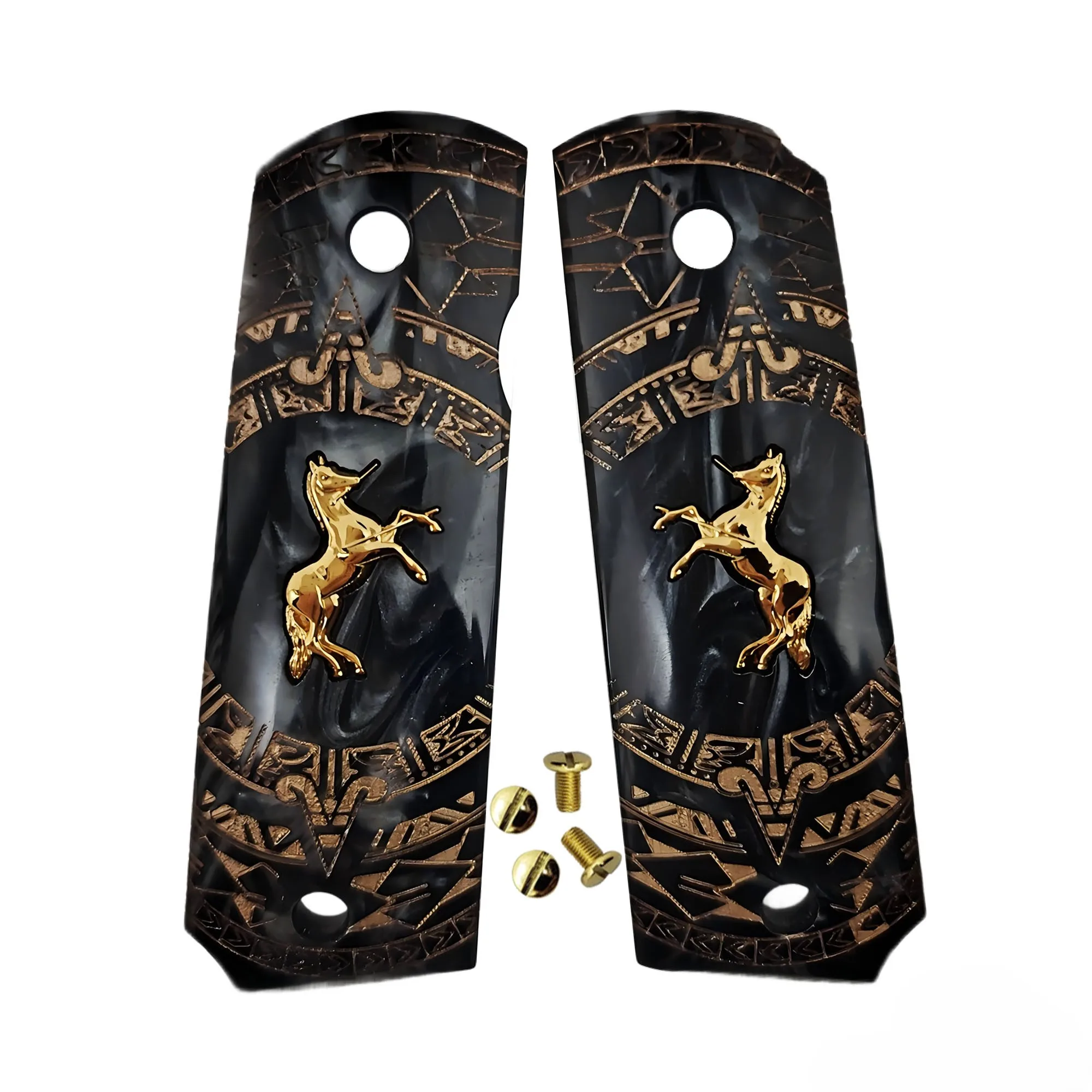 1911-grips-full-sizeaztec-black-pearl-with-gold-horsefits-coltkimberspringfieldremingtonrock-islandgovernment-commander