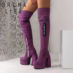 ORCHA LISA Woman's Stretchy Boots 54cm Round Toe Chunky High Heels 14.5cm Platform 4.5cm Flock Thigh Booties Plus Size 46 47 48