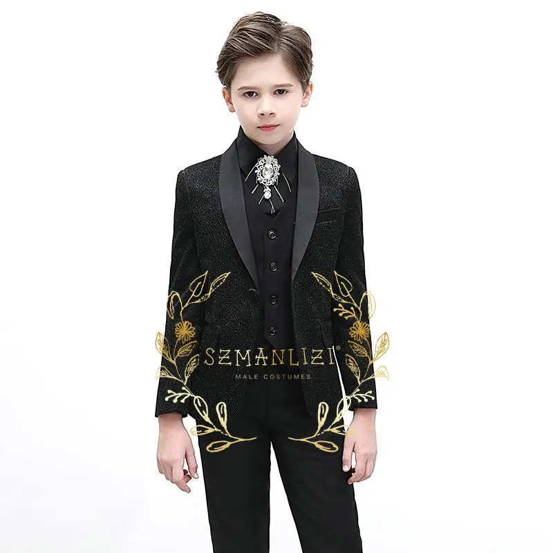 

Fashion Wedding Suit for Boys Shiny Black Jacket Pant Vest 3 Piece Set Formal Party Dress Shawl Collar Kids Blazer Set