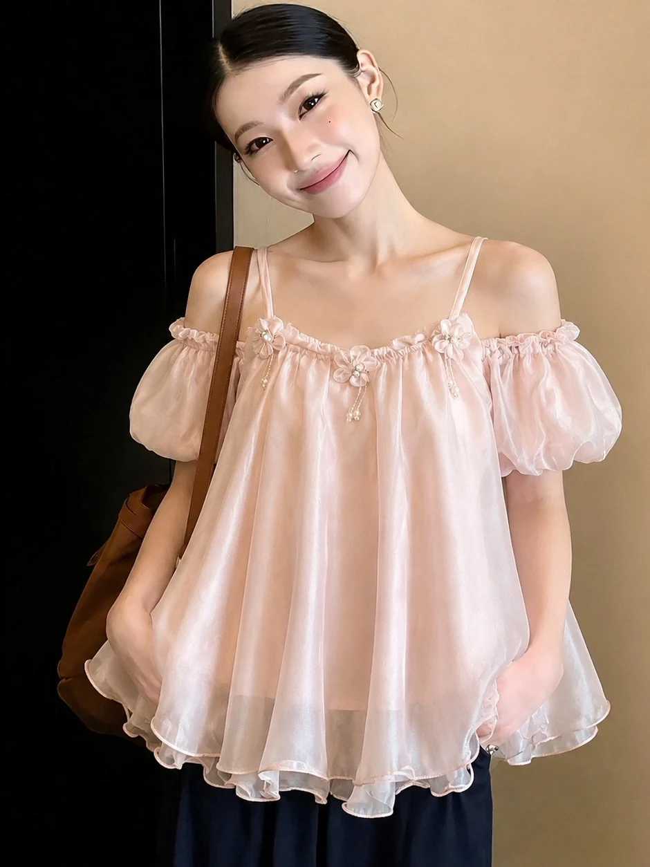 

French Style Beaded Flower Strap Short Sleeve Bubble Sleeve Shoulder Bared Doll Shirt Summer Fairy Tale Beauty Chiffon Top