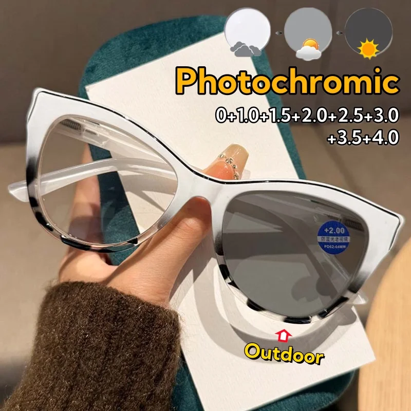 

New Personality Cat-eye Photochromic Reading Glasses Women and Men Ultra Light Durable Comfortable Eyeglasses 0 To +4.0