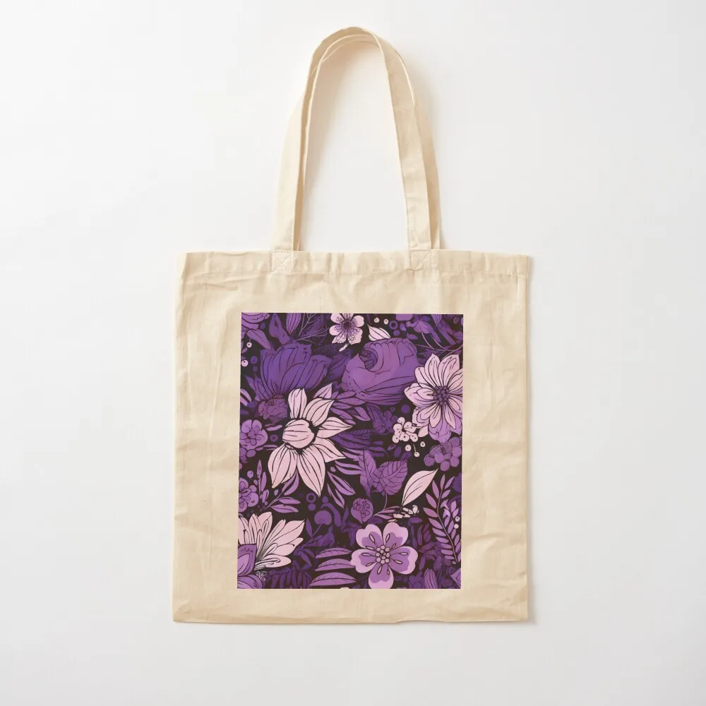 Flowers Black and Purple Pattern Tote Bag Portable shopping bag cute tote bag custom fabric