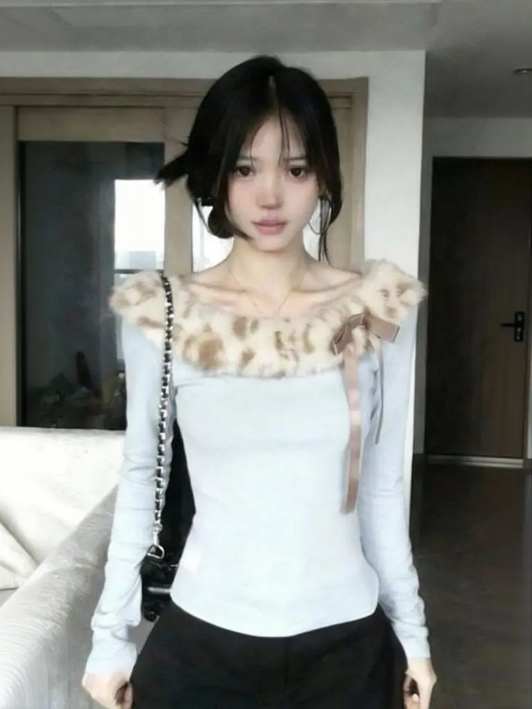 Flux Fur Boat neck Long sleeve T Shirts Women Luxury Off Shoulder Tops Women Leopard Basic Layering Basic Tees Casual