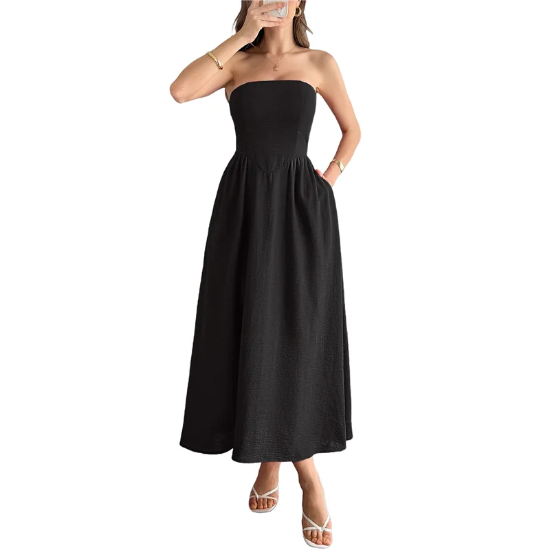 ABRT - Damska Sukienka Maxi Bez Ramiączek typu Tube, Luźna, Długa Sukienka Letnia Bez Rękawów w Stylu Boho na Plażę z Kieszeniami