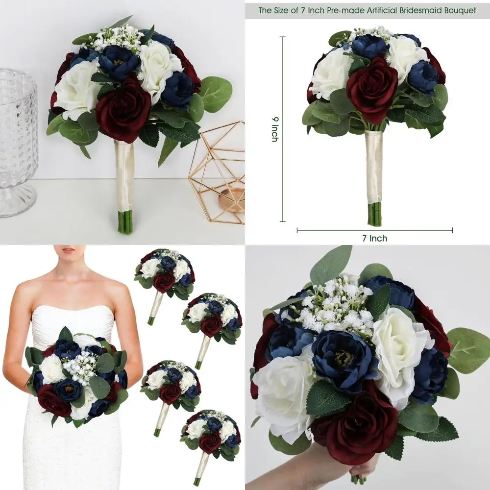 

Elegant 11 Burgundy & Navy Blue Artificial Bridesmaid Bouquets for Weddings & Showers