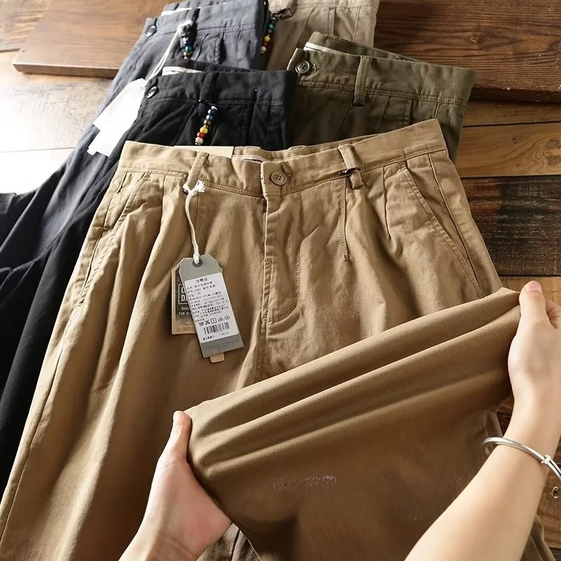 

Retro Waed Cotton Work Trousers Straight Leg Casual Pants for Men Spring Autumn Pure Cotton Youthful Vitali Sle