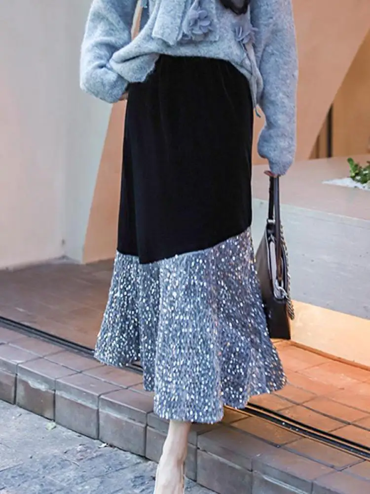 

Autumn Winter French Vintage Sequin Patchwork Velvet Fishtail Long Skirts Women's 2024 Elegant High Waist Festival Skirt Street