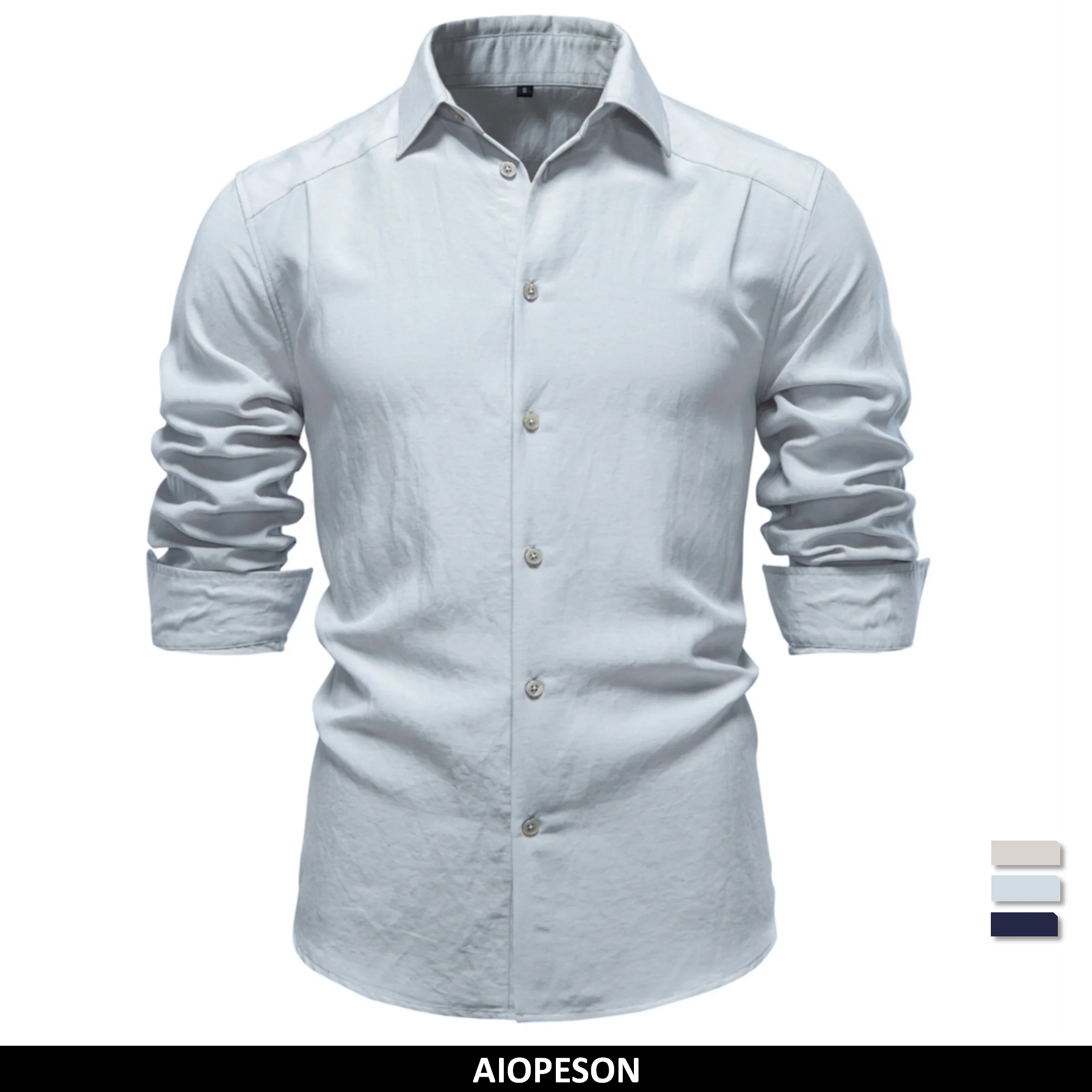 AIOPESON Premium Solid Color Long Sleeve Cotton Shirt for Men Button Down Linen Blend Soft Casual Spring Autumn Daily Wear Shirt