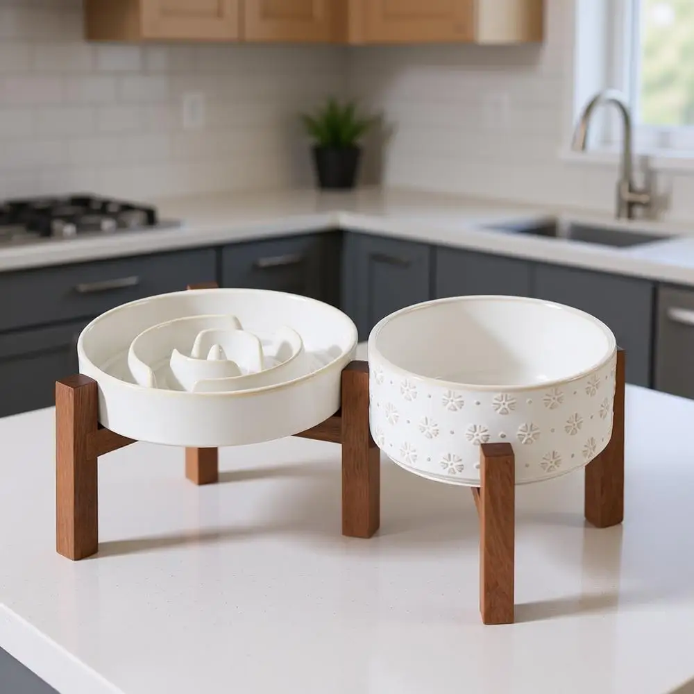 

1.2 Cup Raised Slow Feeder Dog Bowl Set, Elevated 6.1inch Bowl and 7.3inch Dish with Acacia Wood Stand for Small and Medium Dogs
