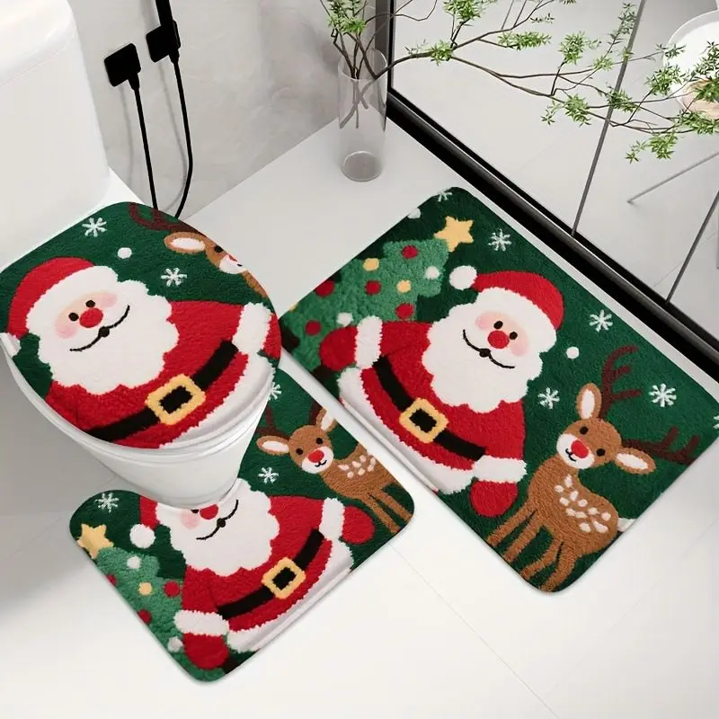 VIKAMA Christmas Toilet Mat Set 3 Piece Green Santa Reindeer Tree U Shape Toilet Seat Cover Bathroom Rug Non Slip Holiday