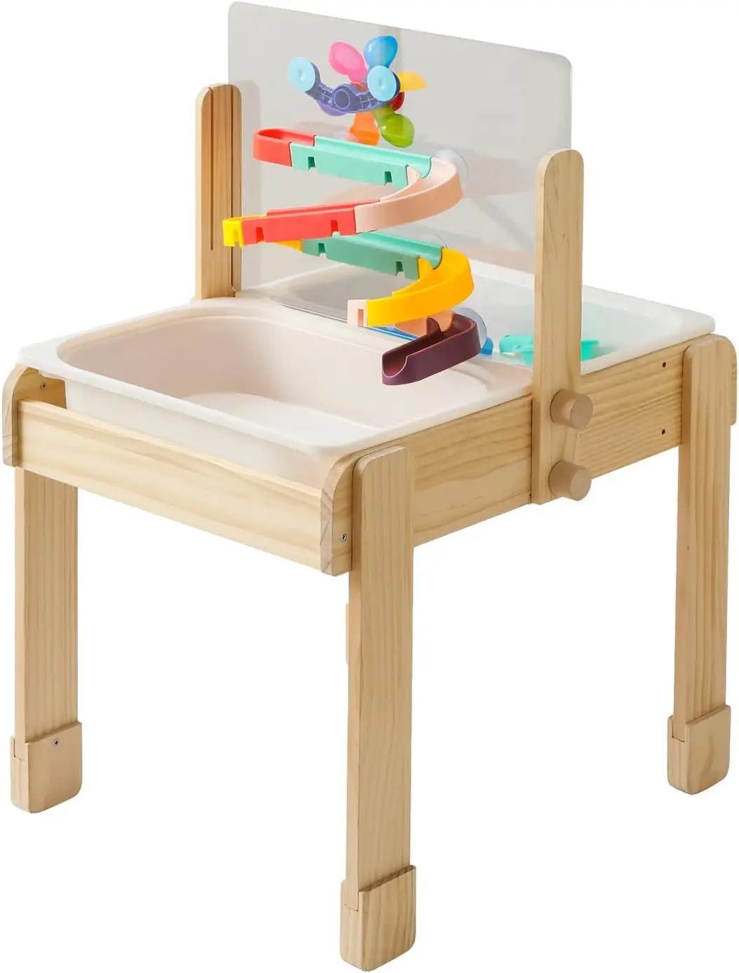 

Песочный и водный стол для малышей, 4-в-1 деревянный сенсорный стол для детей с 2 ящиками для хранения, акриловая доска для рисования, горка