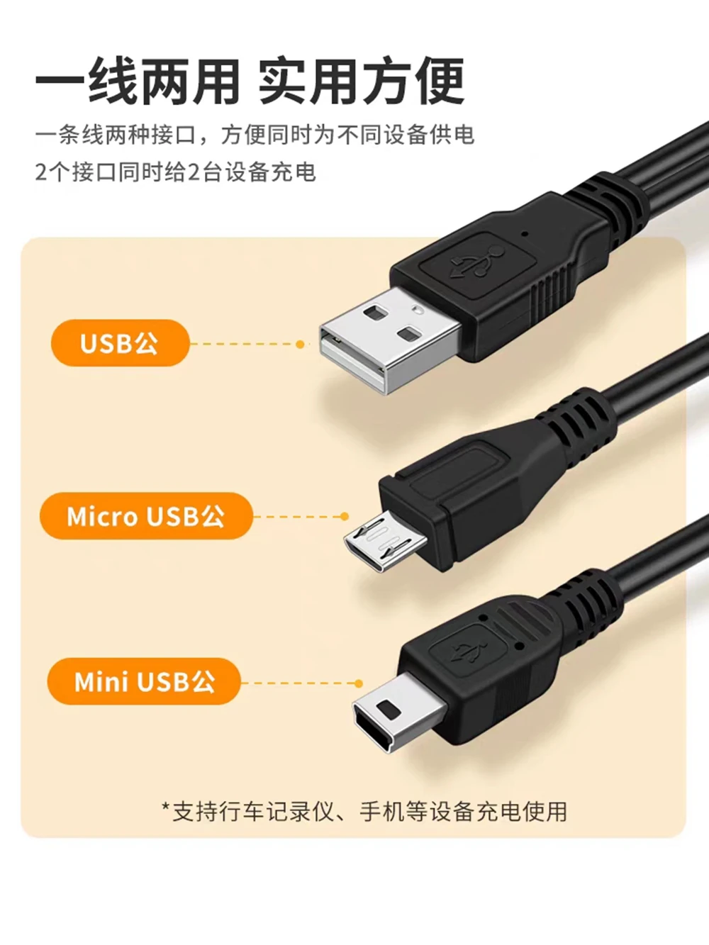 

Micro USB 1/2 power cable, Android mini USB male data cable, dual head charging, long conversion interface, one tray, two chargi