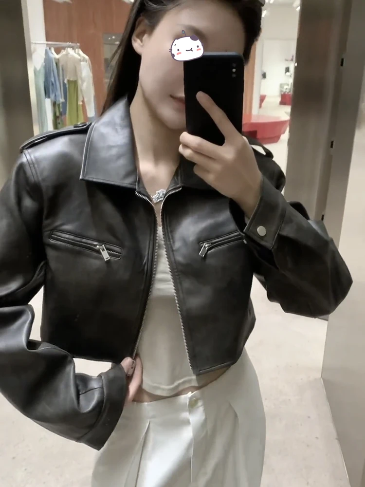 

Элегантная короткая женская мотоциклетная куртка из искусственной кожи, черная, осенний дизайн, в гонконгском стиле, компактный размер, для поездок на работу, ветрозащитная