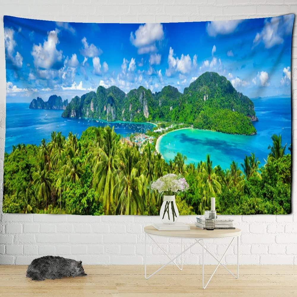 Mountains and rivers natural lakes beach decoration tapestry wall hanging colorful natural scenery living room home decoration