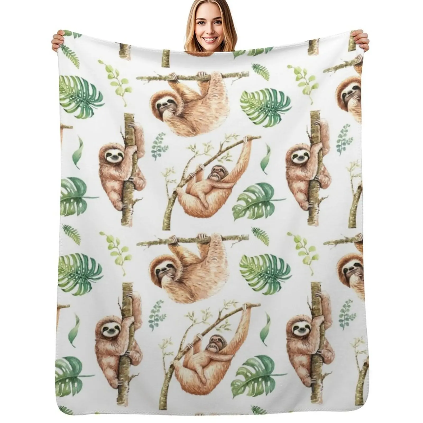 Sloths Chilling Out Watercolour Pattern. Throw Blanket Summer Cool Breathable Blanket for Sleeping