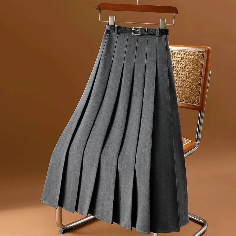 Long Skirt In Gray Suit Women's 2025 Spring Autumn New Retro Slim A-Line Skirts Female Temperament Casual Pleated Skirt Ladies