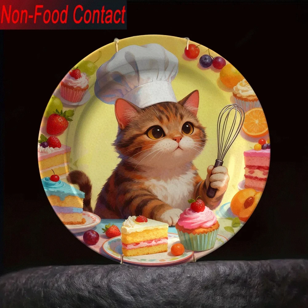 1pc Ceramic Cat & Cake Plate - Round Non-Food Contact Decorative Plate with Adorable Chef Cat, Mixing Bowl & Fruit Cake Design