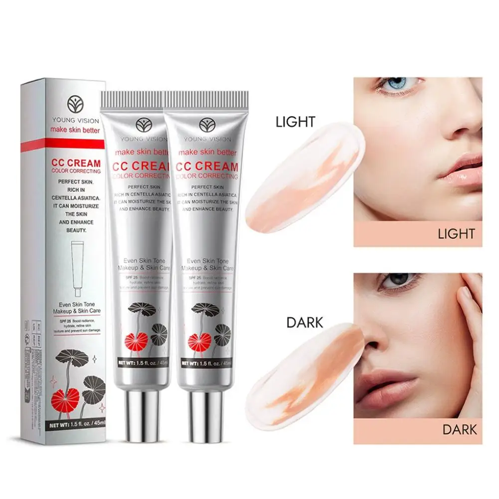 45ml CC 크림 모이스춰라이징 땀 방지 방수 풀 커버리지 천연 컨실러 베이스 여성용 CC 모이스처 브라이트닝 화장품