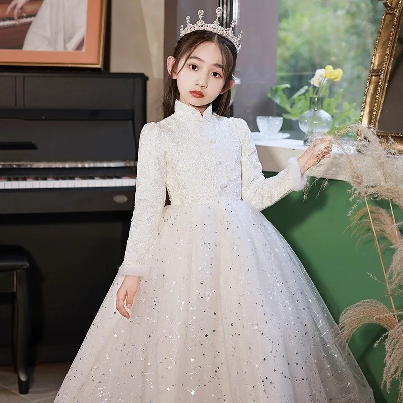 Classic Girls Thickened Dresses Evening Dinner Stand Collar Elegant Gowns Formal Party Children Host Slim Fit Luxury Costumes