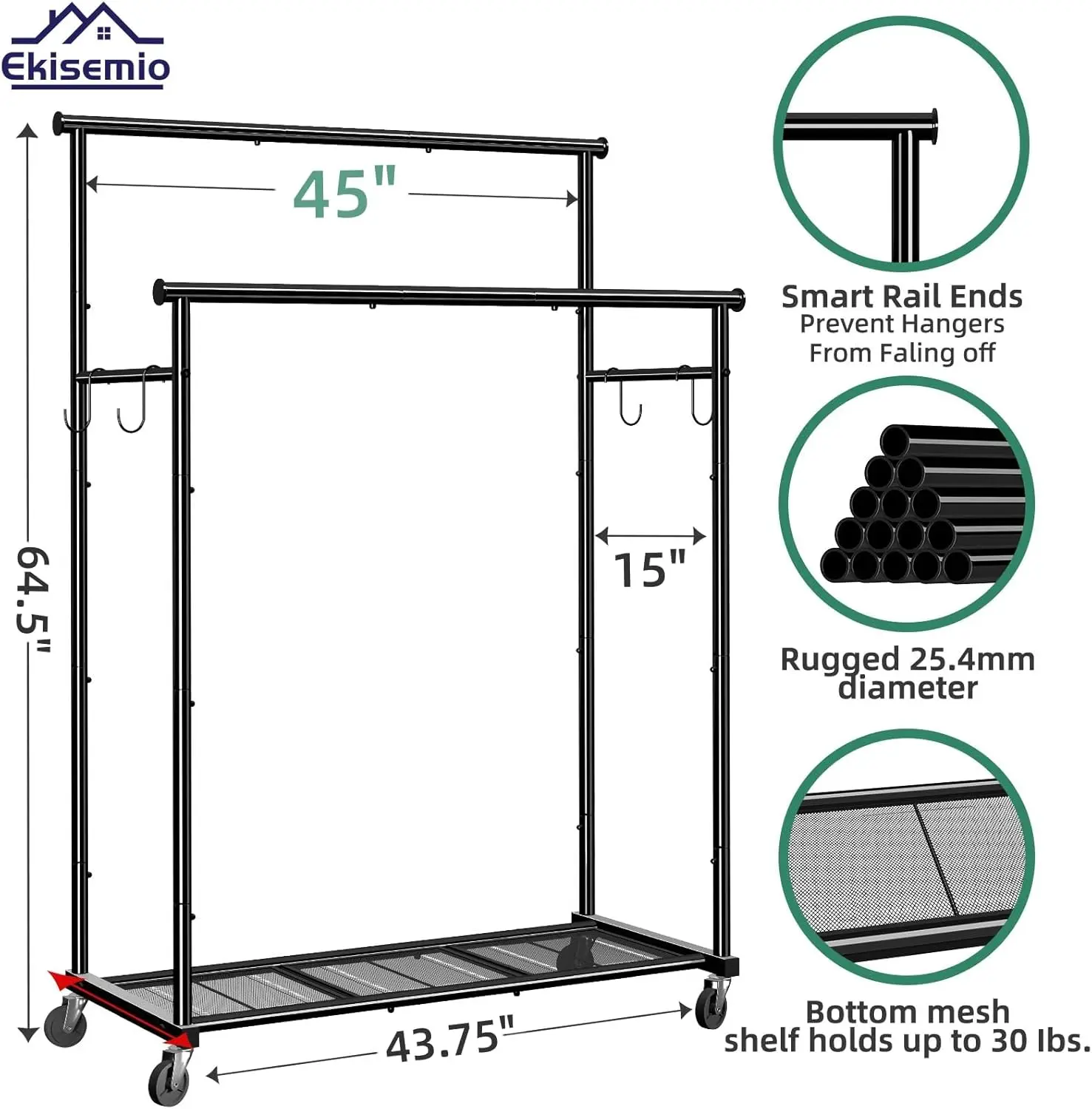 Double Rods Clothes Rack with Wheels Load 400 LBS, 45 Inch Rolling Clothing Rack for Hanging Clothes, Heavy Duty Garment Rack