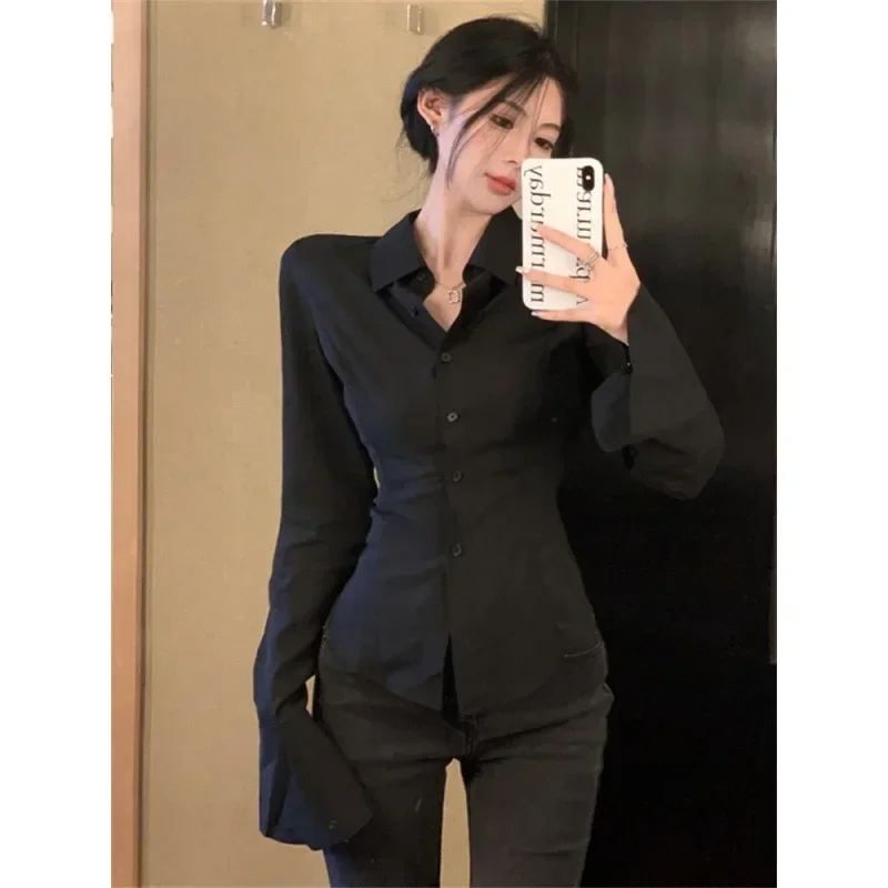 

Korean Fashion Women's Shirt Elegant Long Sleeve Black Gyaru Sexy Blouses Chic Vintage Top Female Office Lady Aesthetic