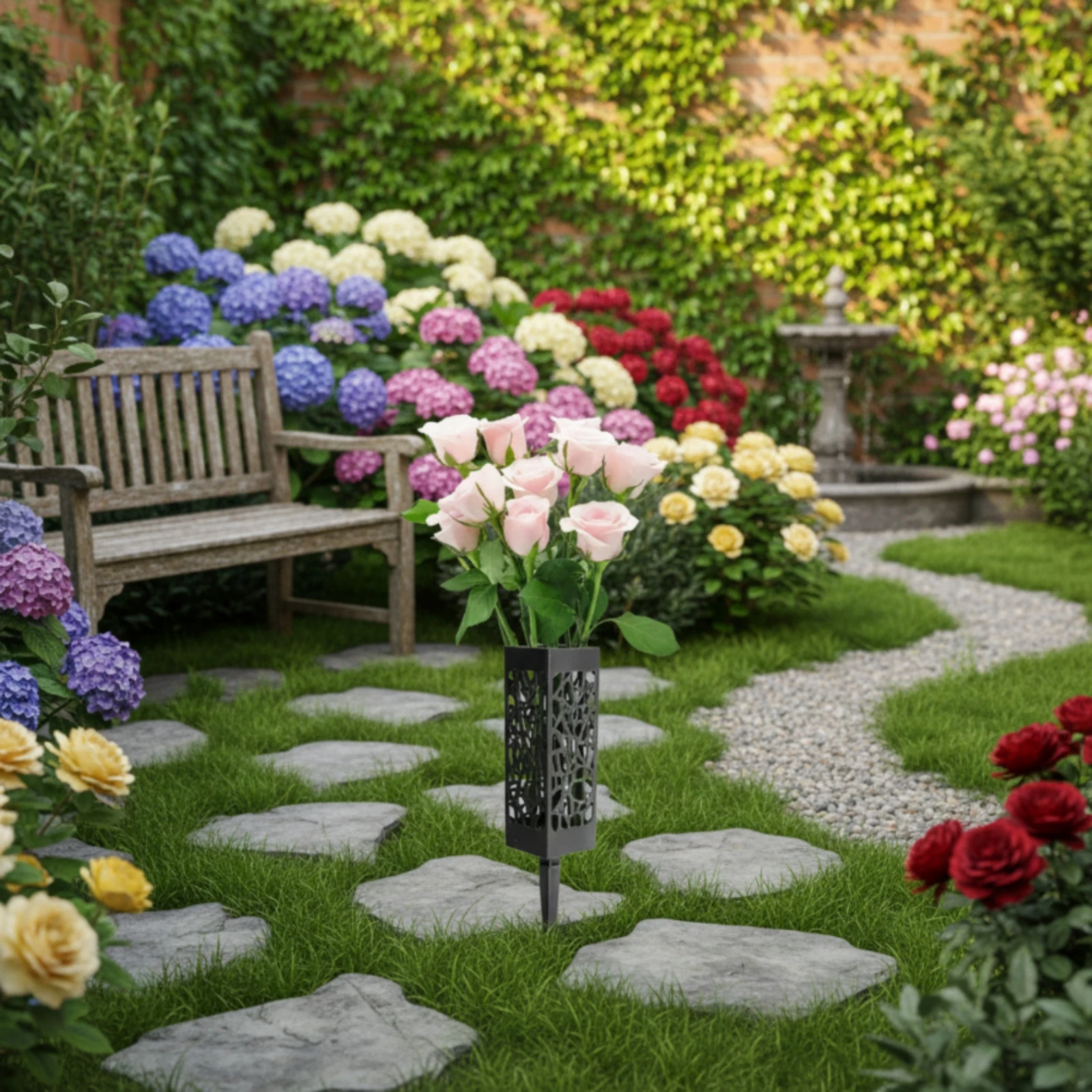 6 Pieces Cemetery Vase with Stake Hollow-out Cemetery Vase with Spike Memorial Flower Holder with Stake Weather-Resistant