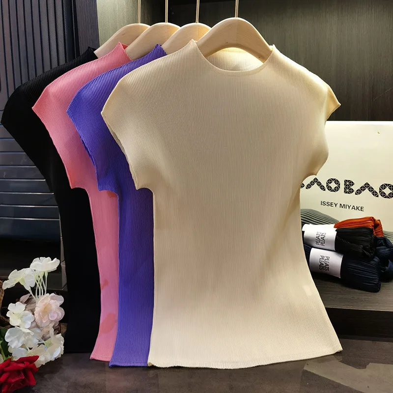 

Miyake Плиссированная футболка с воротником-стойкой и рукавами «летучая мышь» Женская футболка Простая повседневная повседневная облегающая темпераментная футболка Повседневная с эластичностью