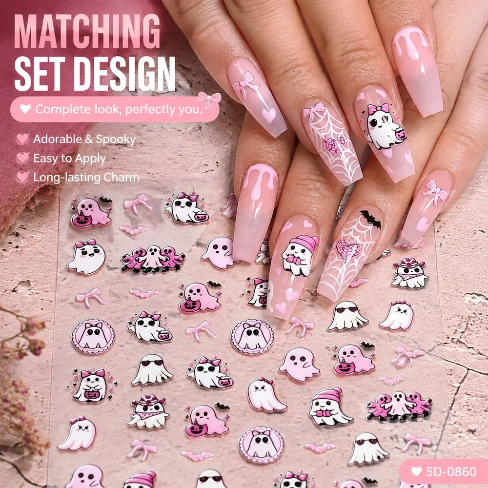 1Pc Self‑Adhesive 5D Nail Decals Cute Pastel Pink Ghost Bat Bow Elements Sweet Spooky Style Halloween DIY Nail Art Decor Sticker