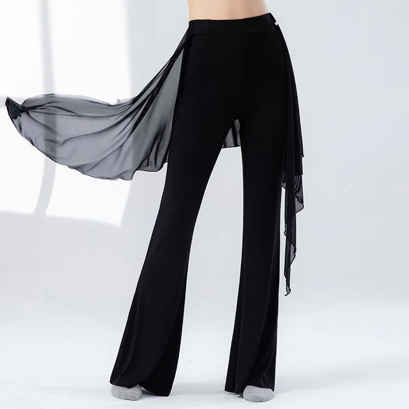 Calça de dança moderna feminina, longa, microflavada, latina, linha de palco, roupa de dança feminina, saia envoltória de malha, traje de prática clássica