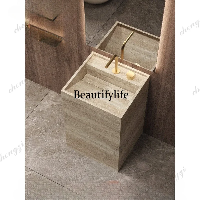 D1089 Hotel Villa Wabi Sand Wind Slate Pillar Basin Outdoor Courtyard Integrated Floor-to-ceiling Mibai Cave Stone Washbasin