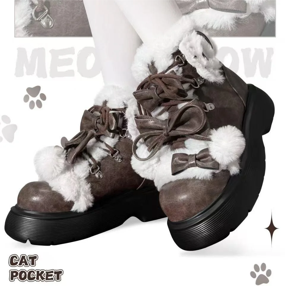 Mianmian Cat Boots Pocket Cat Lolita Original Punk Sweet Plush Thick Bottom Short Boots Japanese Kawaii Girl Single Boots