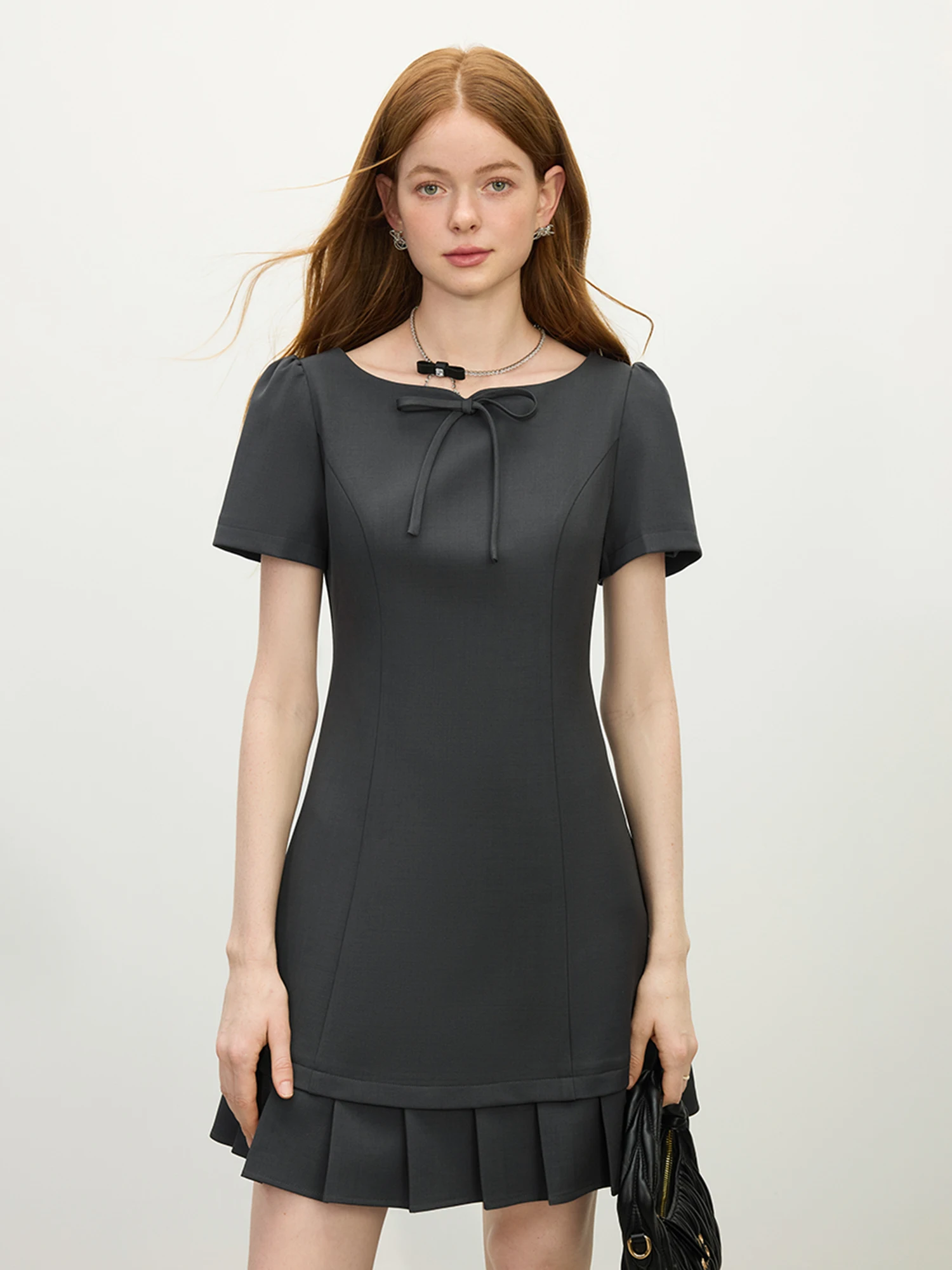 FSLE Women Summer Short Dress Patchwork Pleated Design Short Sleeve Mini Dress Solid Sweet Style Female Dress 25FS12062