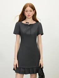 FSLE Women Summer Short Dress Patchwork Pleated Design Short Sleeve Mini Dress Solid Sweet Style Female Dress 25FS12062