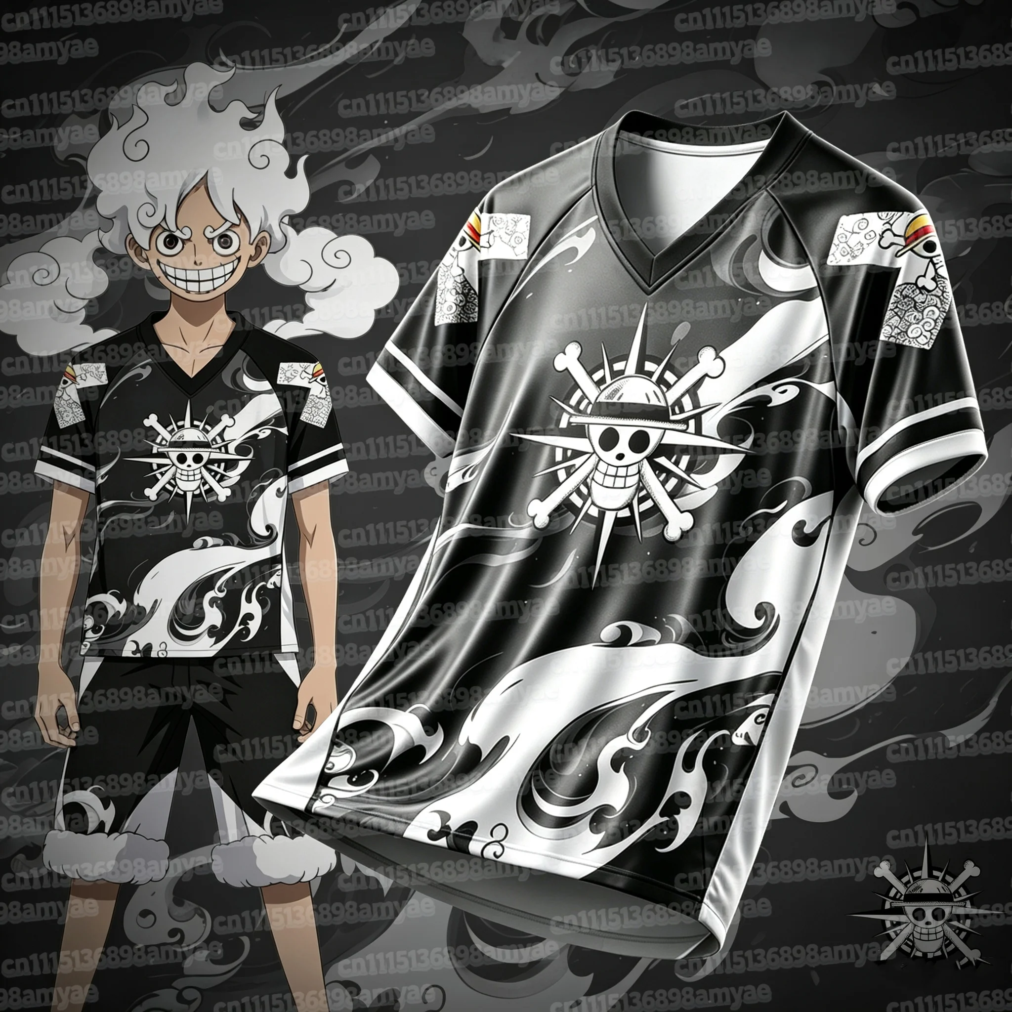 Maillot de football en maille à col en V pour homme, imprimé intégral One Piece Wave Gear 5 Luffy, style streetwear anime pirate Y2K, t-shirt de sport ample, assorti pour la famille.
