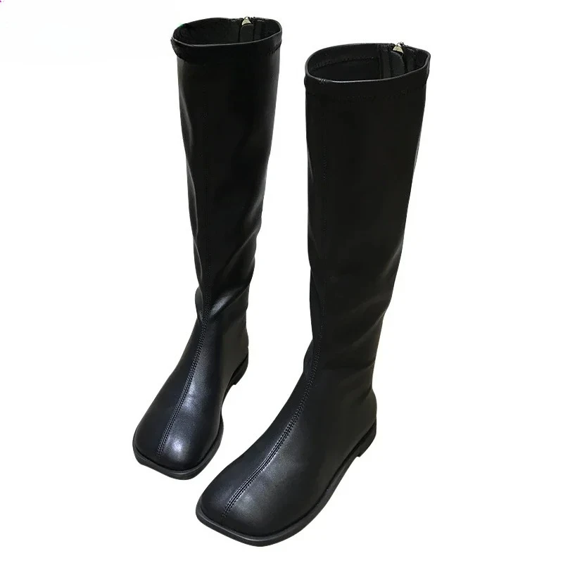 Street Style Stretch Women Knee High Boots Fashion Elegant Square Toe Shoes Women's Modern Flats Long Booties
